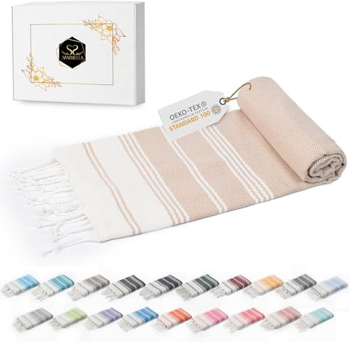 Sandrella Hamamtuch Sauna Damen & Herren groß 100x200 Baumwolle Strandtuch Decke Pestemal Geschenkset |beige