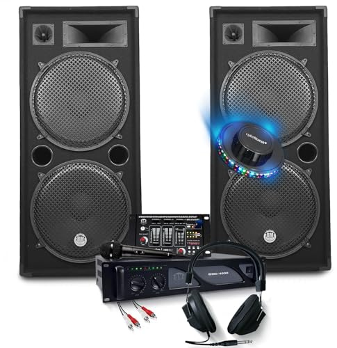 Pack completo de sonido de 3000 W de amplificación + altavoces 2 x 2000 W, mesa de mezcla USB Bluetooth, auriculares DJ, cables, micro
