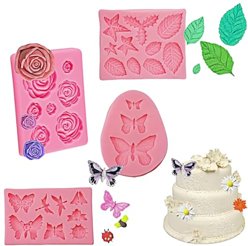 Heanvmyss Molde de Silicona para Fondant,4 Piezas Moldes de Rosas,Moldes de Flores,Molde para Tartas,Molde de Hoja para Manualidades,Pasteles,Jabón,Bricolaje,Chocolate,Vela