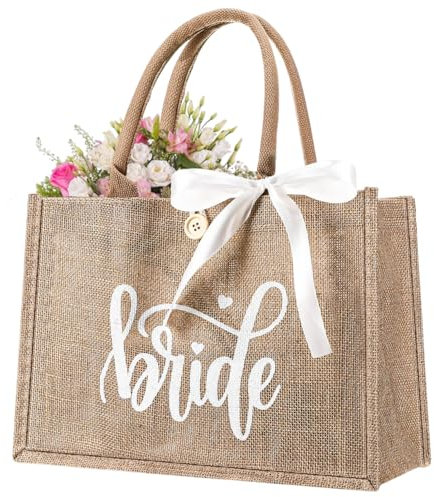 AXERHK Bride Jute Tragetasche, Brauttasche Bedruckt“BRIDE” Lettering für Bride to Be Deko und Jga Frauen Accessoires, Jute Braut Geschenk für Junggesellenabschied Team Bride JGA Accessoires