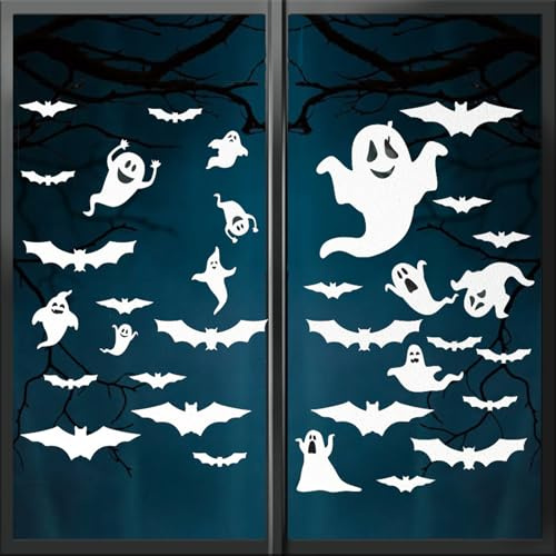 Halloween Fensterbilder Deko Fledermaus Geist Fensterdeko Fenstersticker Kinder Selbstklebend für Halloween Winter Herbst Fenster Outdoor Innen Party Window Decorations Zubehör