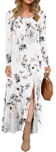 AUSELILY Vestido Largo de Manga Larga con Abertura para Mujer Flores Blanco M