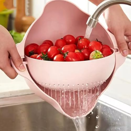 Rinzo CleanBowl Küchensieb mit doppelter Abtropfschale, Multifunktions Sieb für Obst und Gemüse, Spülbecken-Abtropfsieb, rosa und hellblau und mintgrün (rosa)