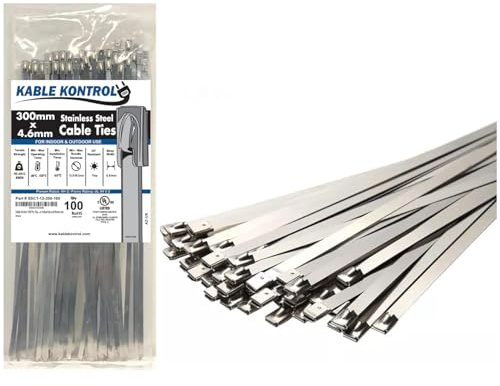 Kable Kontrol 100 Pcs Metal Cable Ties 300 mm x 4.6 mm, 12 Self Locking Stainless Steel Zip Tie 304 Steel Wrap, for Industrial and Home Use | Heavy Duty Steel Cable Ties, Self-locking, Multi-Purpose, Outdoor and Indoor Use, High Temperature, Corrosion Resistant