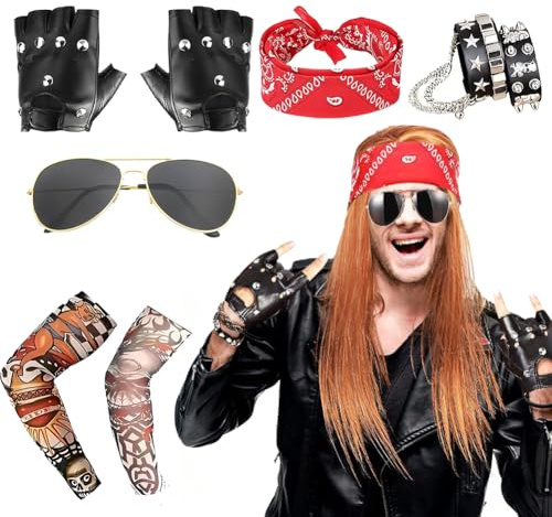 CARxlythic 5 Piezas Disfraces de Rock Accesorios, Rockero Accesorios, Punk Runk Gótico Rockero Kitcon Guantes Gafas de sol Mangas de tatuaje Pulsera, Adulto Fiesta Del Año 70 80 90