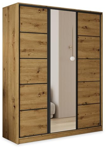 Masseno Schwebetürenschrank PINA 160/205/58 cm Kleiderschrank mit 4 Schubladen Schlafzimmer Schiebetürenschrank 3-türig mit Spiegel Eiche Artisan