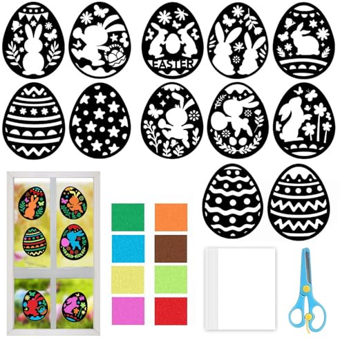 DONGSZQ Basteln Kinder Ostern, 12 Stück Fensterbilder Ostern Bastelsets für Kinder, Basteln Frühling Ostern Kinder, mit Blumen, Vögel, Schmetterlinge, Kreative DIY Osterdeko Ostern Geschenke Kinder