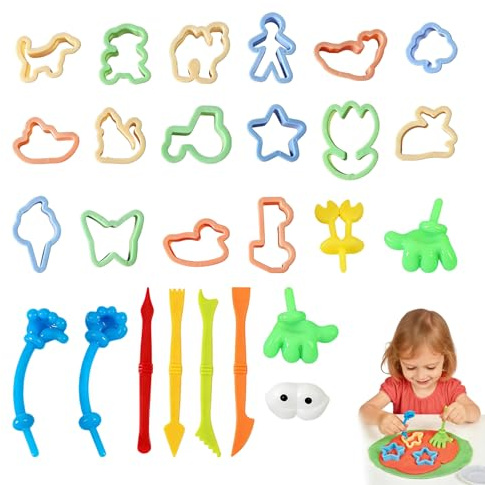 ZWWOGE 22-teiliges Knet- & Sandspielzeug Set: 12 Ausstechformen, 3 Werkzeuge & 6 Figuren - Kreatives Zubehör für Kinder zum Modellieren mit Knete & Sand - Buntes Spielzeug-Set