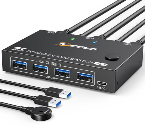 KCEVE Switch KVM 1 Monitor 2 Computers Displayport, USB 3.0 KVM Switch Displayport per 2 Computer Condivisione 1 Monitor e 4 Dispositivi USB, 4K@144Hz, con telecomando cablato