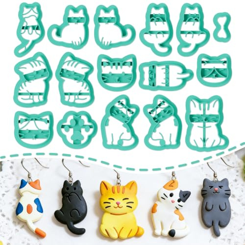 ORIGACH Lot de 18 thème des chats mignons emporte-pièces en argile | emporte pièces en argile polymère plastique pour bijoux en polymère et boucles d'oreille avec boîte de rangement transparente