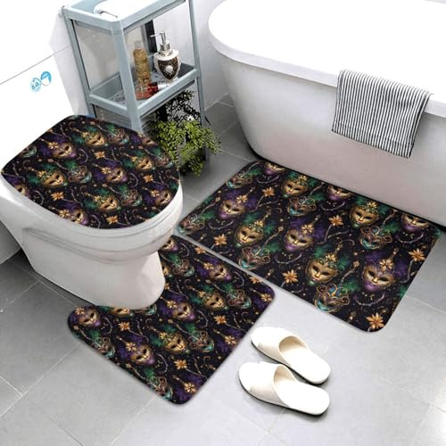 Set di 3 tappeti da bagno viola con motivo in maschera, assorbenti, antiscivolo, lavabili, copriwater a forma di U, tappetino per il contorno del WC, tappetino per doccia, tappetino da bagno per WC e