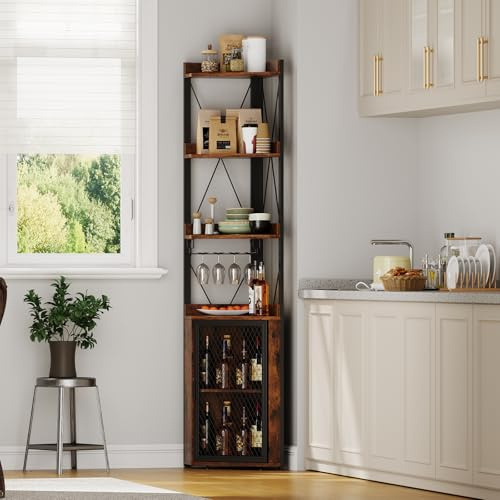 GarveeHome Corner Bar Cabinet with Glass Holder, 4-Tier Liqueur Cabinet, Industrial Wine Rack, Wine Storage Sideboard, Freestanding Corner Shelf, Display Storage Shelves for Home Bar Dining Room