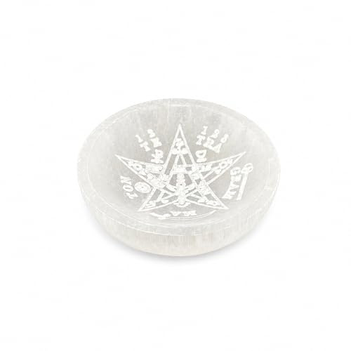 AROMASENSES | Cuenco de Selenita Natural Tetragrámaton Grabado | Cuenco para Minerales, Joyas y Cristales | Decoración Espiritual, Protección y Reiki