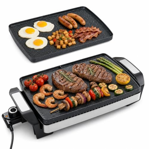 LIFEZEAL Griglia Elettrica 1500W, Barbecue da Tavolo con Piastra Bifacciale | Plancha Antiaderente per Interno e Esterno, Temperatura Regolabile a 4 Livelli, Grill Rimovibile e Lavabile in Lavastoviglie