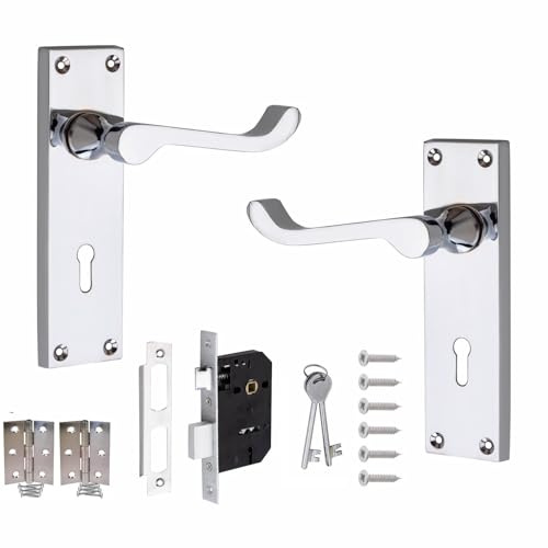 Golden Grace Victorian Scroll Door Handles Lock Pack, Polished Chrome | Includes matching keys, hinges, and all fixing screws on a 150mm x 40mm backplate for hassle-free installation.