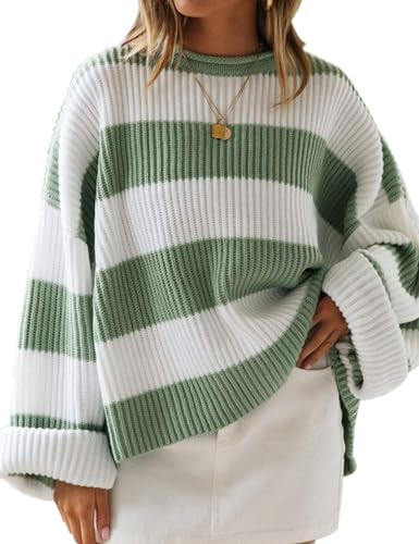 ZESICA Women's 2026 Fall Long Sleeve Oversized Striped Color Block Comfy Loose Crew Neck Knitted Pullover Sweater,Green,Large