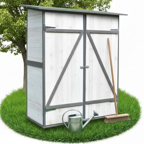 Melko Armoire de jardin avec toit en appentis et double porte battante en bois blanc/gris 162 x 140 x 75 cm, avec étagère