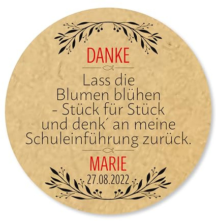 Personalisierte Dankeschön Aufkleber „Lass die Blumen blühen“ – selbstklebende Sticker – weiß oder Kraftpapier – 4–8 cm – für Schulanfang & besondere Anlässe