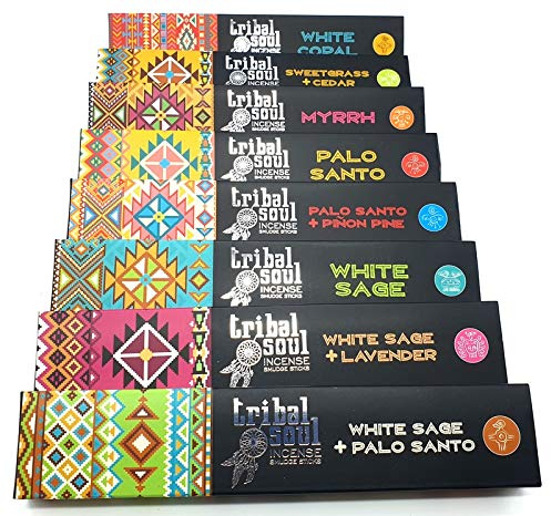 Lot d'Encens Tribal Soul - 8 Paquets de Bâtonnets à Brûler - Copal Blanc, Cèdre, Foin d'Odeur, Myrrhe, Palo Santo, Pin, Sauge Blanche et Lavande