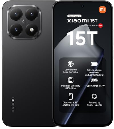 XIAOMI 15T, Smartphone 12+512GB, Nero, Display da 6,83 120Hz | MediaTek Dimensity 8400-Ultra, Obiettivo ottico Leica Summilux da 50MP, 5500mAh, Garanzia 2 Anni