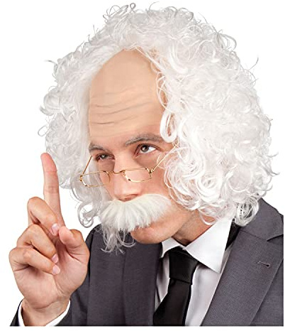 NEU Perücke Herren Professor, mit Bart und Brille, weiß - mit Haarnetz