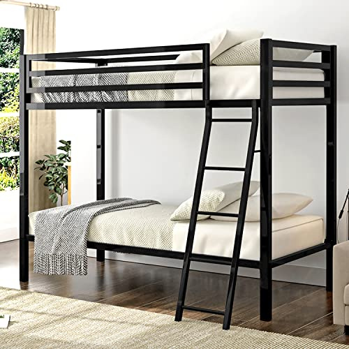Allewie Metal Bunk Bed Twin Over Twin Size for Junior & Adults with Ladder and Heavy Duty Guardrail, Small Space Saving Design for Bedroom Kid Room and Dorm, Black