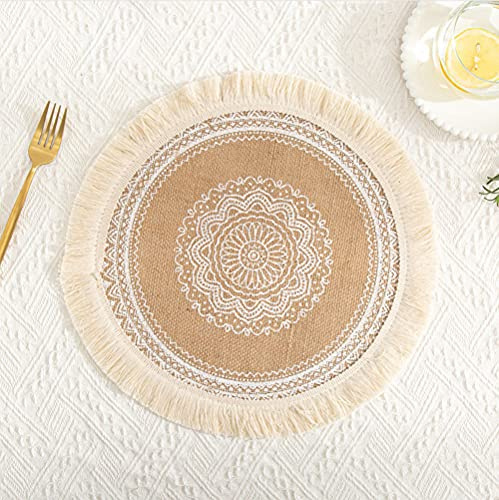 Runt vävt bordstabletter, boho bordstabletter, jute bordstabletter med mandala tofs, bohemisk bondgård retro restaurang bordsdekoration bordstabletter bordstabletter för bröllop festival fest kök matbord, set om 6 N