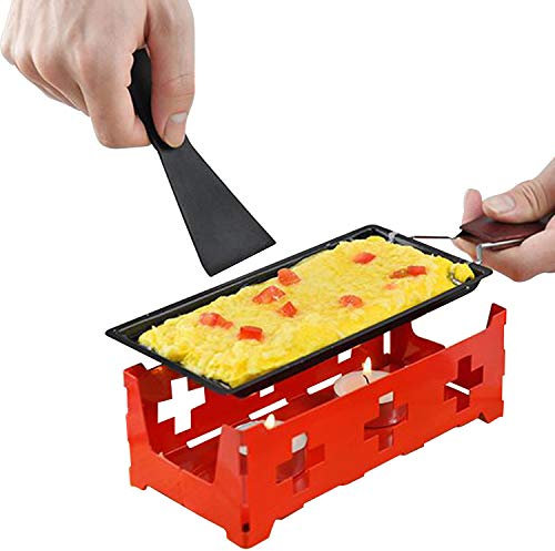 kozytendy Non-Stick Raclette Grill Set Cheese Melting Pan with Spatula Foldable Wooden Handle Melted Cheese Raclette Kitchen Appliances Made of Carbon Steel