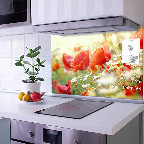 banjado Küchenrückwand Glas ohne Bohren 60x40cm – Glasrückwand Küche mit Motiv Kamille & Mohn/Spritzschutz Küchenrückwand Glas/selbstklebende Küchenrückwand Platte - magnetisch & beschreibbar