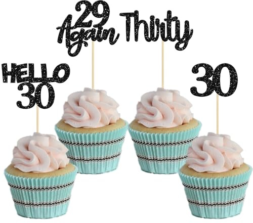 Gyufise 24Pcs Black Glitter 30th Birthday Cupcake Toppers Hello 30 Cake Decorations Again 29 Thirty Cupcake Picks for 30th Birthday Cake Decorations Supplies