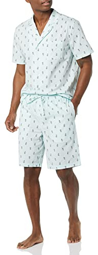 Amazon Essentials Conjunto de Pijama Corto de Popelina Elástica con Cuello en Pico Hombre, Azul Claro Blanco Piña, M