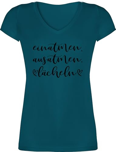 Shirtracer - T-Shirt Damen V Ausschnitt - Sprüche Statement mit Spruch - Einatmen Ausatmen Lächeln