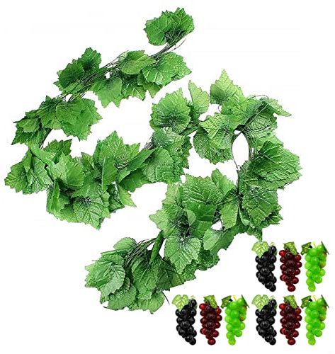 Hecaty 12 Strands 90 ft Artificial Fake Grape Vines with 9 Strings Grapes, Hanging Plant Large Leaves Garland for Wedding Party Store Home Spring Decor Indoor Outdoor Garden