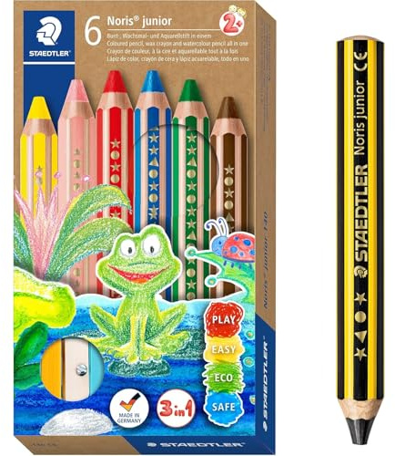 STAEDTLER 3in1 Buntstifte und Kinder Bleistift Noris junior, Bunt-, Wachsmal- und Aquarellstift, sehr dicke Mine, extra bruchsicher, ideal für Kinder, 6 Farben, Spitzer und Bleistift, 140 C6 P1X