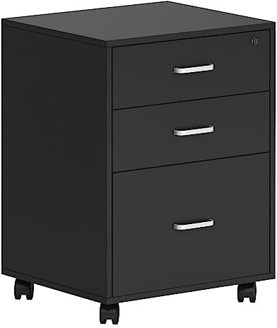 SogesHome Aktenschrank mit 3 Schubladen, Aktenschrank auf Rollen, Mobile Aufbewahrungsbox mit Rollen, Büroschrank, abschließbar, Schwarz