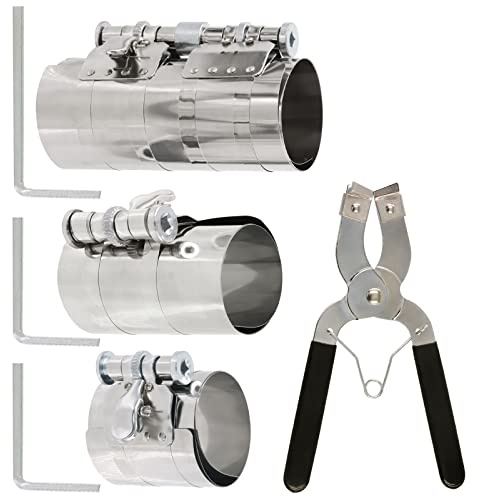 Swpeet 7Pcs Compresseur de Bague de Piston en Acier Inoxydable de 7,6 cm, 10,2 cm, 15,2 cm et Outil Ajustable d'installation de Piston avec Pinces de Démontage, Assortiment de Clés de 3 Tailles
