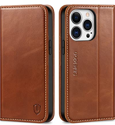 SHIELDON Rindsleder Hülle für iPhone 13 Pro 6,1, Retro Braun | Kartenfach, Standfunktion, RFID-Sperre, TPU Case, Schutzhülle, Magnetverschluss, Lederhülle, Magnet Handyhülle