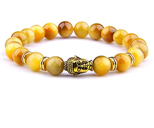 8 mm kungligt blå tigeröga armband män silverfärg Buddha huvud berlock armband kvinnor amulett Vinatge gul sten pärlor pulsera, guld tiger -1,21 cm