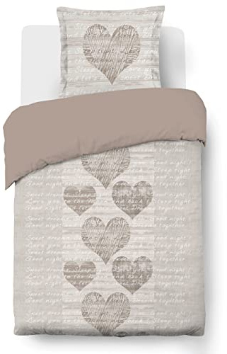 Vision - Parure de lit Alice - 100% Coton - Cœurs - Coloris: Beige - Set de Housse de Couette 140 x 200 cm avec 1 taie d'oreiller pour lit 1 Personne - Certifié Oeko-tex
