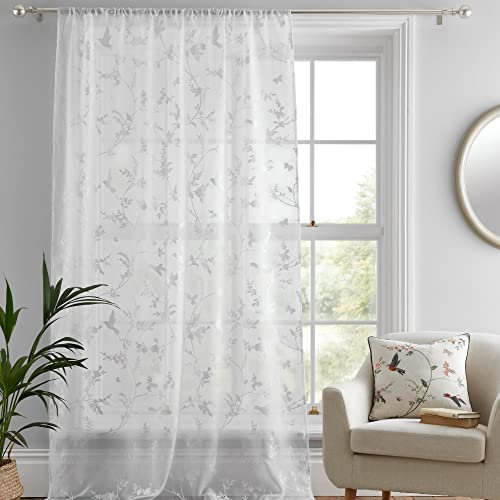 Dreams & Drapes - Single Net Curtain for Windows W55 x L48 (140 x 122cm) - Voile Curtain for Bedroom/Living Room - Floral & Leaf Voile Sheer Curtain - White Floral Sheer Curtain - Darnley Collection