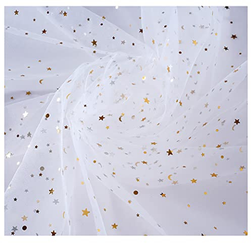 Egurs Tüllstoff Glitzer Meterware 200 x 160cm Tüll Deko Stoffe mit Stern Mond Pailletten Dekostoff für DIY Bekleidung Tüll Tutu Rock Hochzeit Party Geschenk Deko Tüllstoff Weiß 200 x 160cm