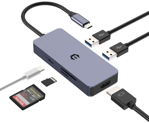 Hub USB C con 4K HDMI, 6 en 1 Adaptador multipuerto USB C, 2 USB 3.0, 100 W PD, Lector de Tarjetas SD/TF Compatible con Ordenador portátil, PC, Teclado, Windows, Mac OS, Sistema Linux
