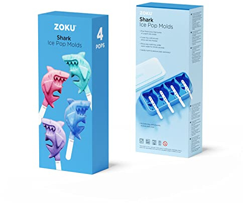 Zoku Shark Ice Pop Lolly Mould (4 Sticks) one stakable Tray with Four Shark Lolly Moulds Spill Resistant lid