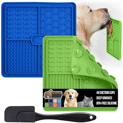 GORILLA GRIP BPA Free Silicone Lick Mat for Dogs, 49 Powerful Grip Suction Cups, Dishwasher and Freezer Safe Flexible Licking Pad for Dog Baths, Cat Grooming, Nail Trimming, Royal Blue Green 2 Pack