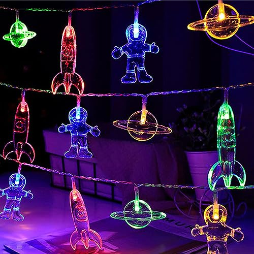 Fielegen 5M 30 LED Kinderzimmer Lichterkette mit Batterie Astronaut Raumschiff Rakete Anhänger Lichterkette für Innen Baby Bett Geburtstagsfeier Dekor, Nachtlicht für Junge MäDchen Geschenk