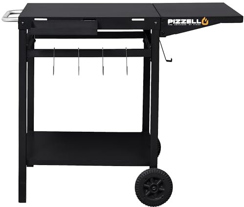 PIZZELLO Carrello da giardino a 2 strati, per esterni, pieghevole, piano di lavoro, cucina, forno per pizza, carrello con maniglia, ruote e ganci