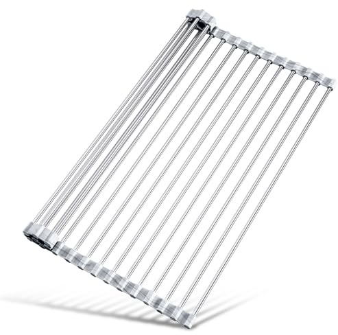 Tomorotec Escurridor de Platos Enrollable de Acero Inoxidable con Bordes de Silicona, Plegable, Resistente al Calor, soporta hasta 70 Libras, Apto para Alimentos, 45 x 32 cm (mármol)