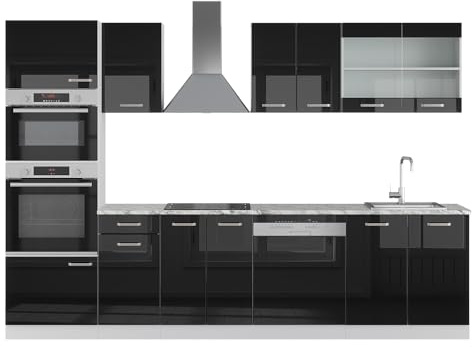 Vicco Küchenzeile R-Line, Schwarz Hochglanz, 300 cm | 8 Module · Höhenverstellbare Füße · AP Marmor inkl. · Robuste Fronten · Mit Backofen-/Mikrowellenschrank