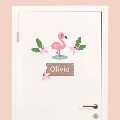 Klebekerlchen® Türaufkleber personalisiert mit Namensschild – Türschild Kinderzimmer & Babyzimmer Wandtattoo – selbstklebende Wandsticker - Kinderzimmer Deko Junge & Mädchen – Flamingo