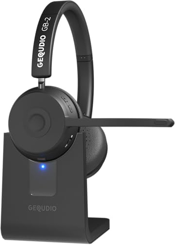 GEQUDIO GB-2 Headset mit Mikrofon Bluetooth | Kopfhörer Kabellos | Passives Noise Cancelling | 2 Geräte gleichzeitig verbinden (Handy, PC, Laptop) | Wireless Headset | Standby 500h (mit Ladestation)